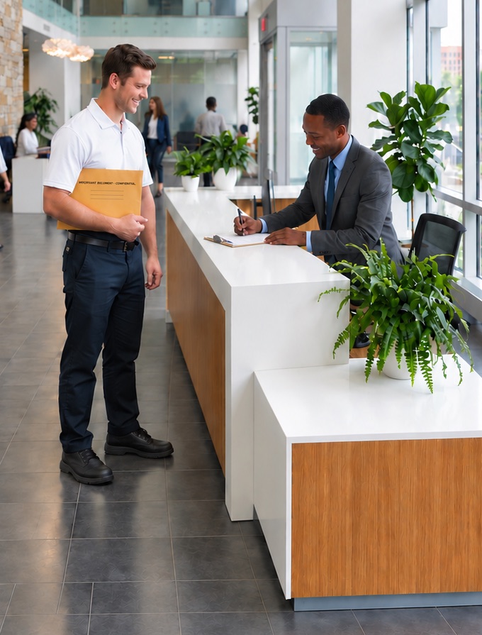 A courier holding an envelope of documents at his side while a man signs for it at an office lobby's front desk