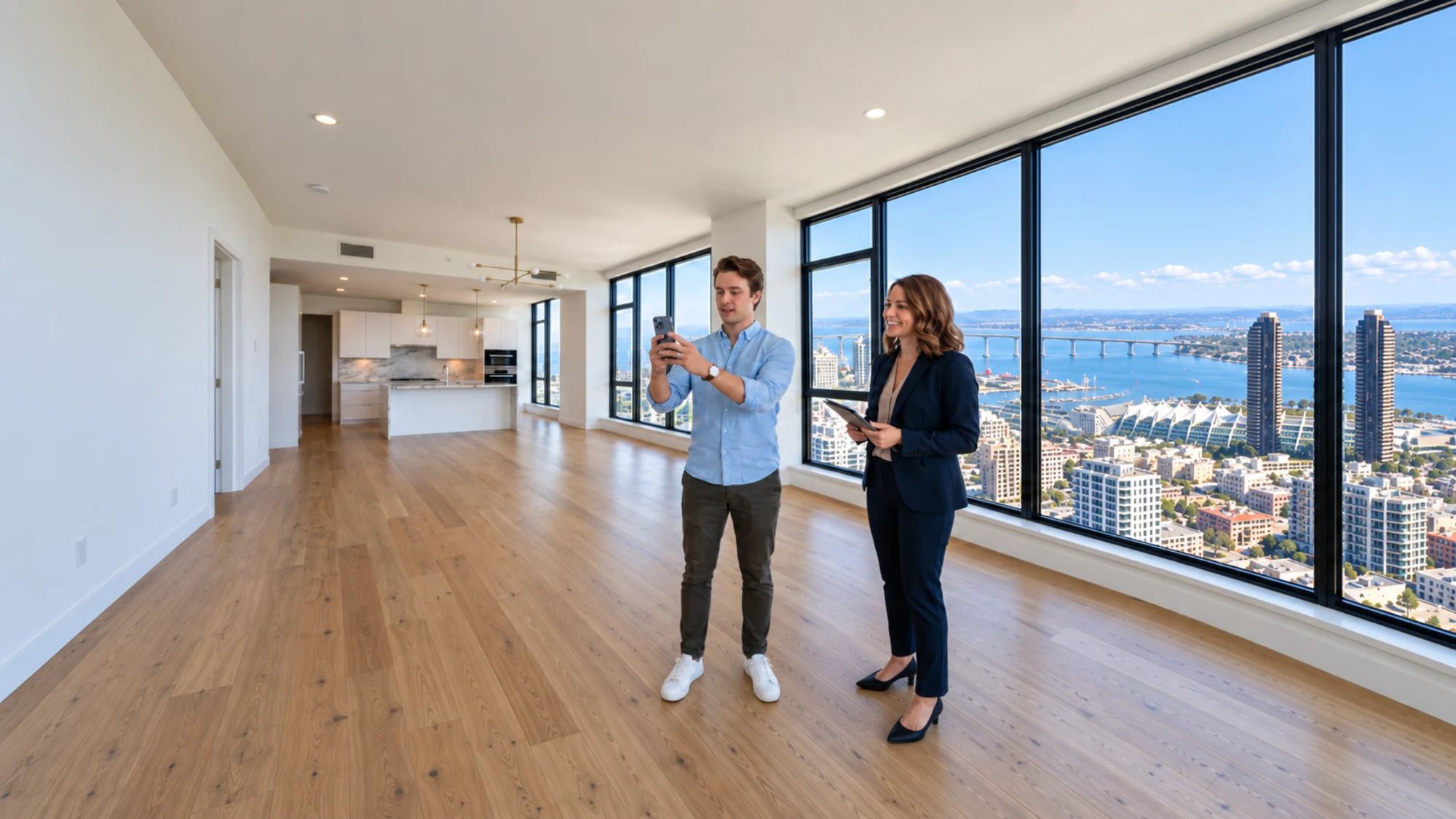 A man photographing an empty apartment with his phone while a real estate agent looks on